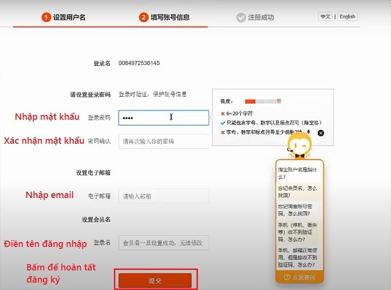 Điền thông tin cá nhân trên Taobao