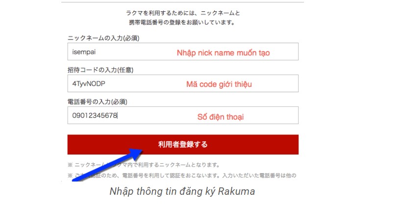 Nhập thông tin đăng ký tài khoản Rakuma