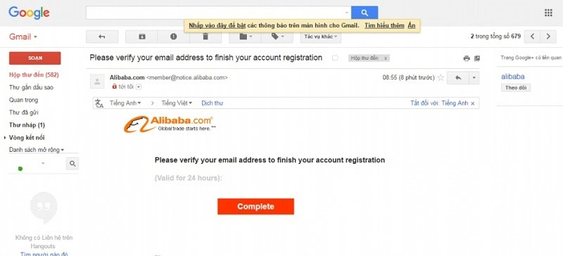 Hoàn thành đăng ký tài khoản Alibaba