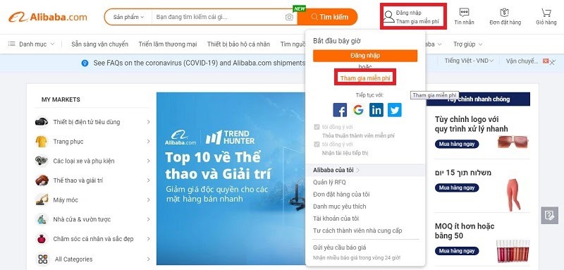 Truy cập Alibaba để đăng ký tài khoản mua hàng
