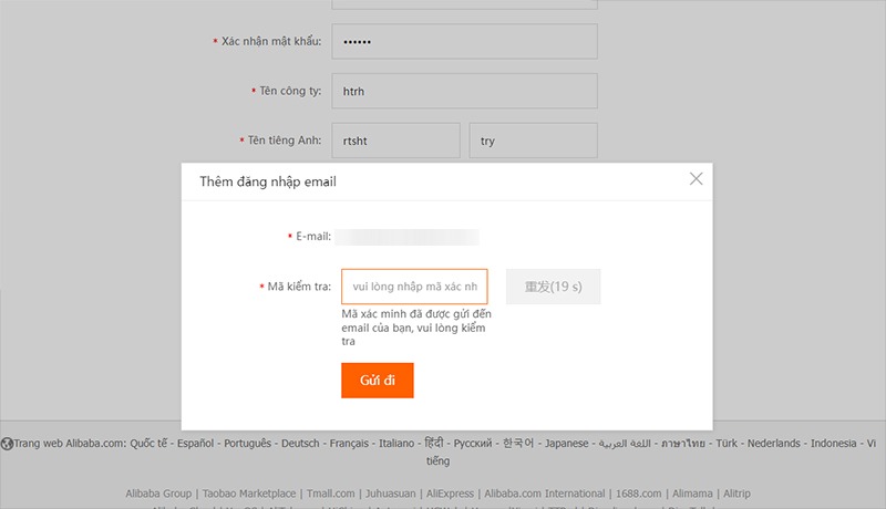 Xác nhận email để hoàn tất đăng ký Alibaba