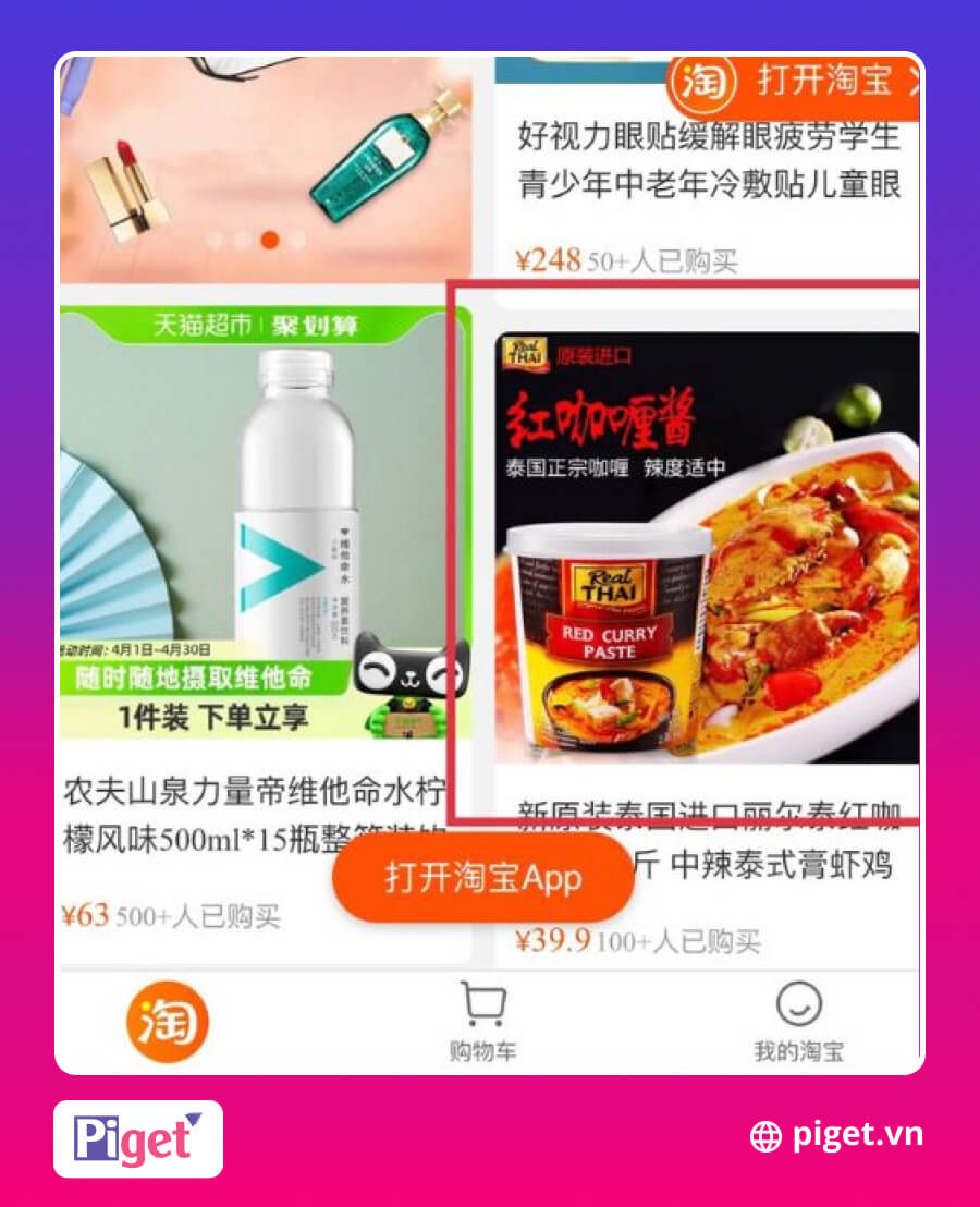 Mở app Taobao và chọn sản phẩm cần lấy link
