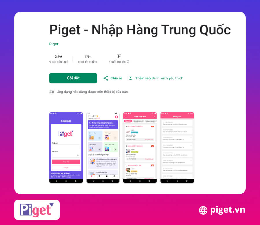 Cài đặt app Piget