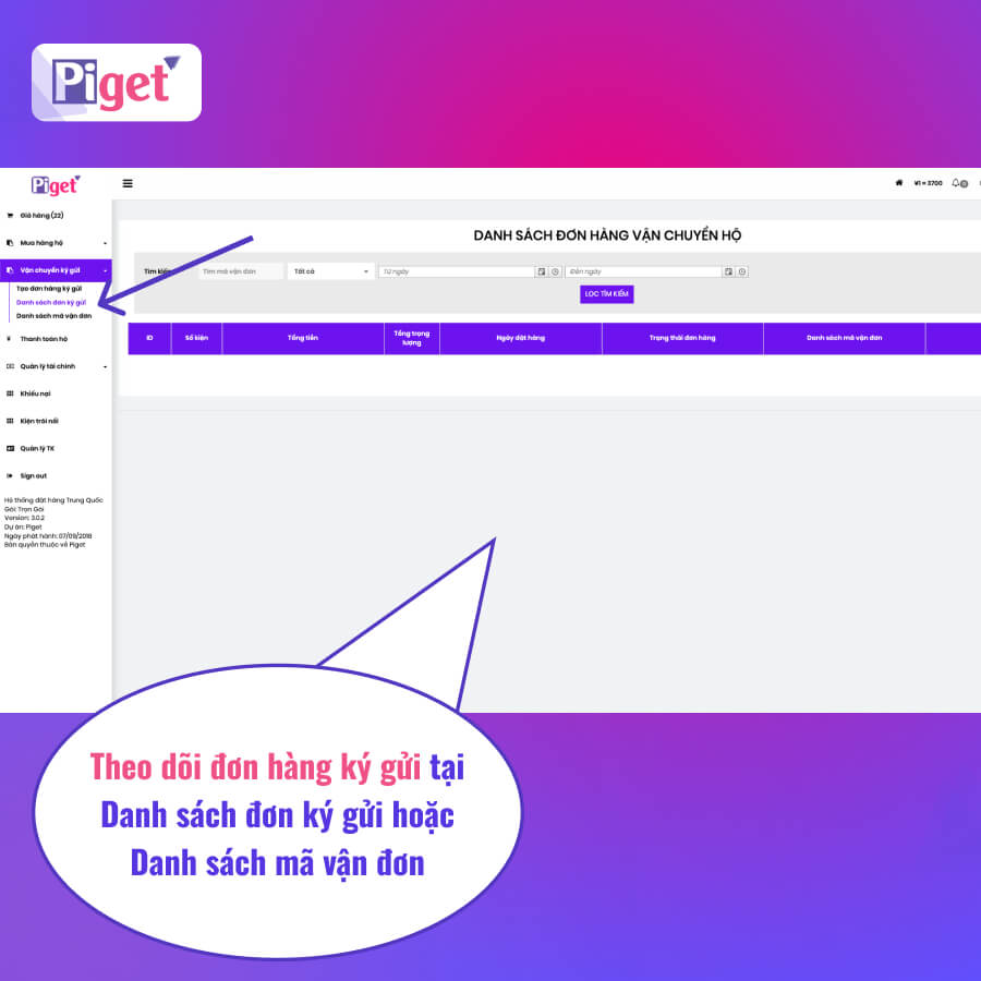 Theo dõi đơn hàng trên Piget